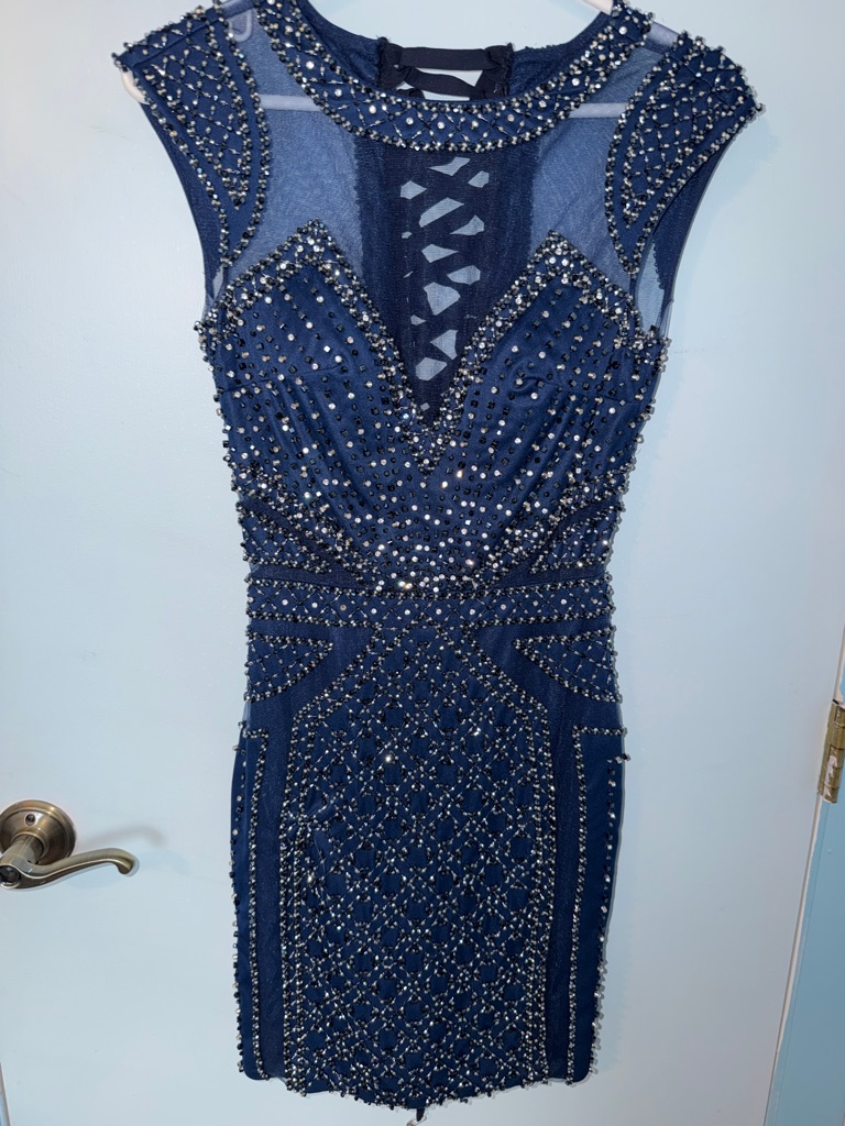 Jovani Navy Beaded Mini Dress